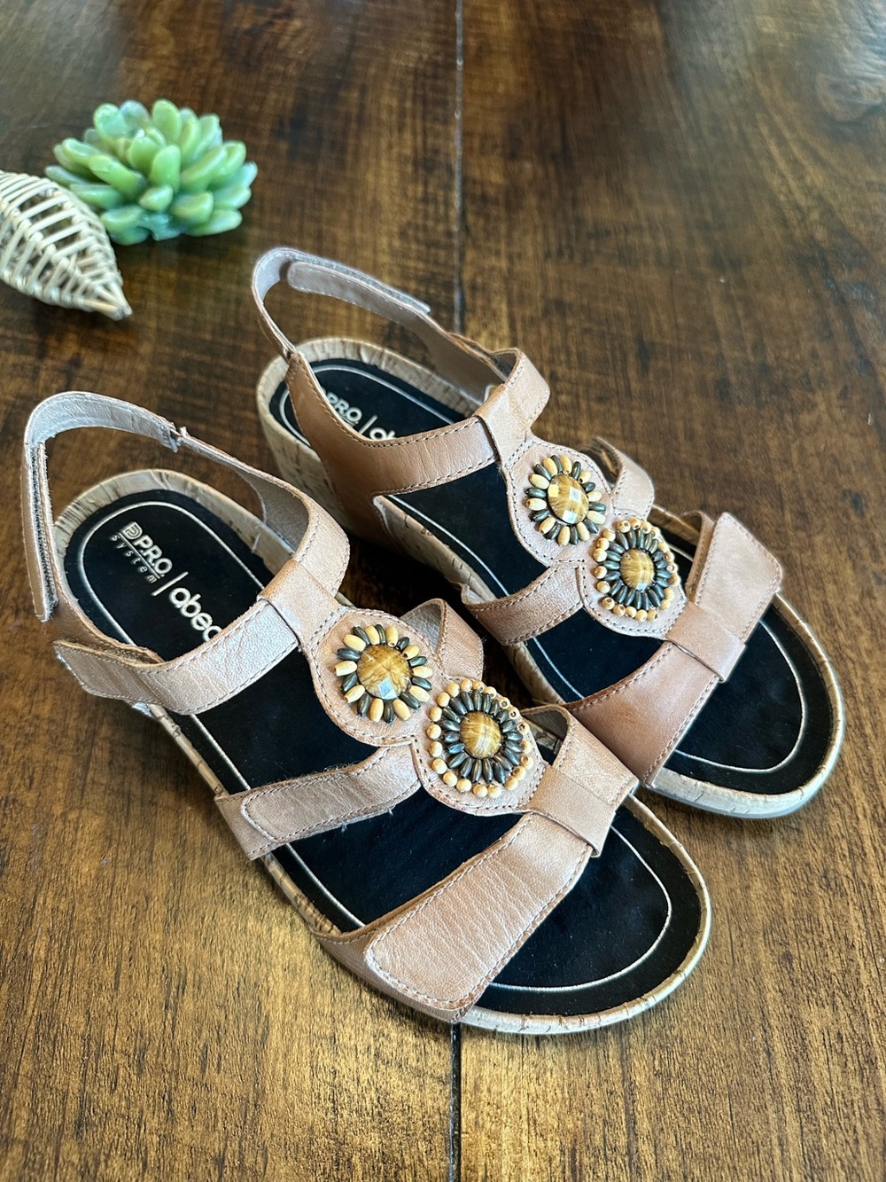 abeo | PRO System B.I.O. Gia Beaded Medallion Cork Low Wedge Leather Sandals, 8